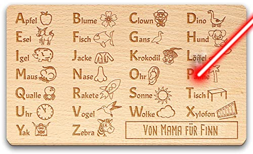 Frühstücksbrett mit Name/Text gravieren - Brettchen für Kinder, Alphabet, Geschenk zur Einschulung für Mädchen, Jungen - ABC-Holzbrett Buche I Personalisiert, Lasergravur
