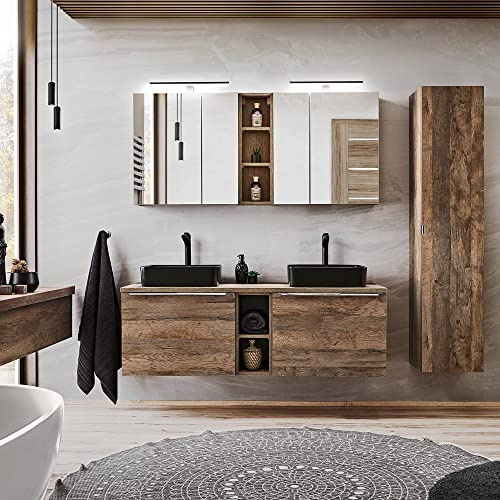 Lomadox Badmöbel Komplett Set Vintage Oak Eiche, 140cm Doppel Waschtischunterschrank, 2 Keramik Waschbecken, Regale, 2 LED-Spiegelschränke, Hochschrank