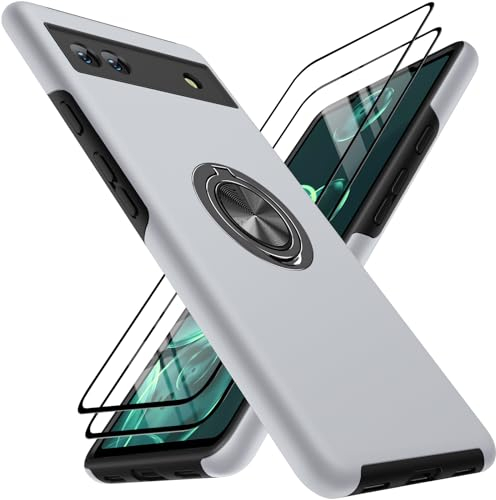 KOVASIA Funda para Google Pixel 6A, compatible con Pixel 6A 5G, soporte magnético giratorio de 360°, protección contra caídas, antiarañazos, TPU + funda de policarbonato con 2 protectores de pantalla