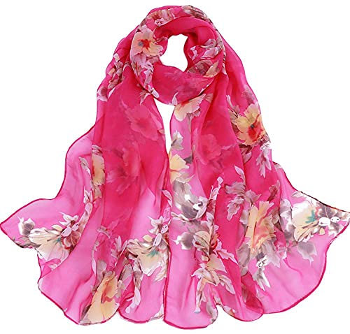 Damen Schal Chiffon - Floral Print Scarf Blumenmuster Sommer Scarves Bunt Stola Halstuch Tuch Seidenschal Blumen Scarf