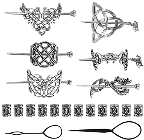 Viking Lot de 6 barrettes à cheveux celtiques rétro argentées avec nœud celtique minimaliste, vintage, en métal, avec 12 perles de cheveux Viking, accessoires de cheveux, barrettes pour femme