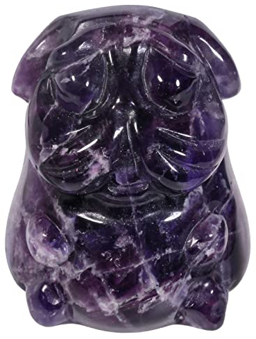 KYEYGWO Mini Stein Hund Figur Deko, 2,8 cm Hoch Amethyst Kristall Mops Statuen Hündchen Taschensteine Edelstein Welpe Skulptur Hand Geschnitzt Heilstein Tier Ornament für Haus und Büro