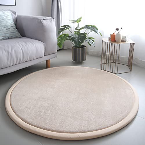 Loartee korallenrote Samtmatte Teppich Rund, als Krabbeldecke für Kinder, 2,5cm Dicker Kinderteppich, Beige, 120cm