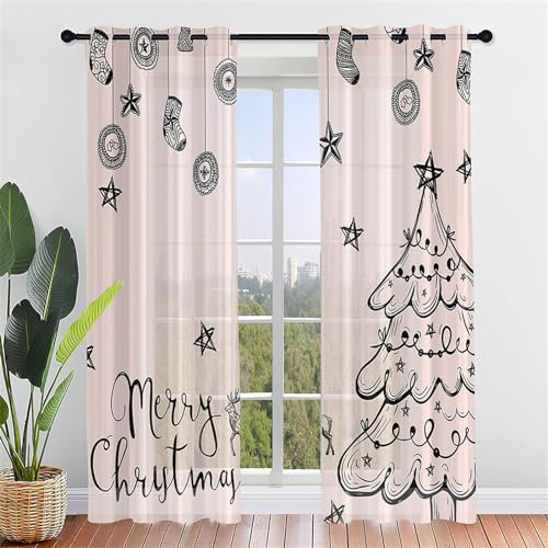 Hiseng 2 Pezzi Tende Voile Trasparente Interni Decorativi Natale Colorato Sheer Tenda per Camera da Letto Finestre Porta Cucina Soggiorno, Semi Trasparente Tende (55x95cm,Calzini Natalizi)