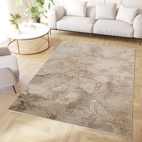 TAPISO Crystal Teppich Kurzflor Glänzend Braun Beige Marmoreffekt 3D Effekt Wohnzimmer Schlafzimmer Modern Design ÖKO-TEX 200 x 300 cm