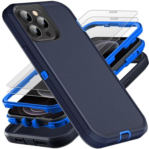 YKHJKLEC for iPhone 12 Pro Max Case with 2Pcs Tempered Glass Screen Protector, Military Grade 3 in 1 Heavy Duty Shockproof/Drop Proof/Dust Proof Case for Apple iPhone 12 Pro Max 6.1 inch (Navy Blue)
