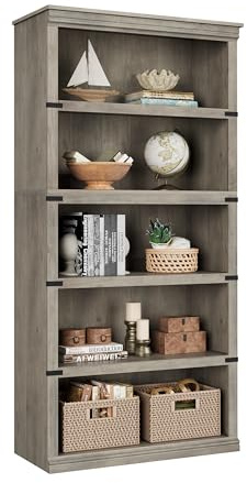 IDEALHOUSE 5 Tier Bookcase, Farmhouse Book Shelf with Storage Open Display Bookshelves, 67.4 Tall Book Case Wooden 5 Shelf Bookcase Home Decor Furniture for Home Office, Living Room, Bed Room - Grey