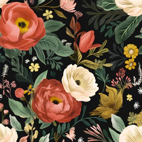 Fvlow Red Floral Peel and Stick Wallpaper Vintage Black Wallpaper Vinyl Wrap Kitchen Worktop Covering Vinyl Self Adhesive Thick Flowers Contact Paper for Cabinets Drawers Sticker Décor 44.5cmx300cm