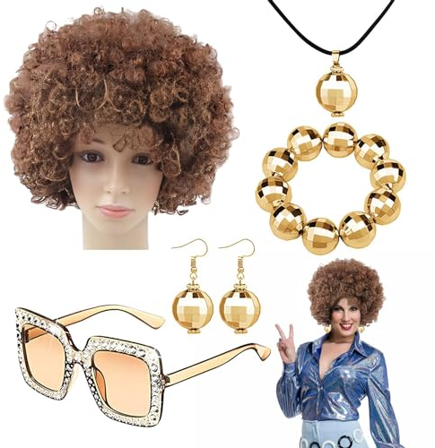 Yiurse 70er Jahre Disco Zubehör, Rapper Kostüm, Bling Discoball Zubehör – Afro-Perücke, Ohrringe, Armband, Sonnenbrille für Hip Hop Rapper Disco