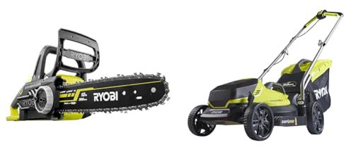 Ryobi OCS1830 18 V 30 cm Bar ONE+ Cordless Brushless Chain Saw & OLM1833B 18V ONE+ Cordless 33cm Lawnmower (Body Only), Anthracite/Green