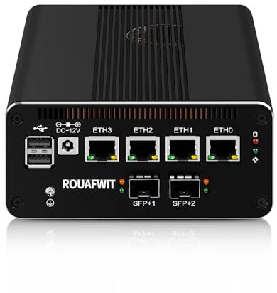 ROUAFWIT Micro Firewall Dual 10Gbe N100 Mini PC Router, 2 x SFP+ 10Gbps, 4 x 2.5Gbe i226-V Pequeño Ordenador, DDR5 16G RAM NVME 512G SSD, AES-NI, Sim Slot, TF, 3 Display