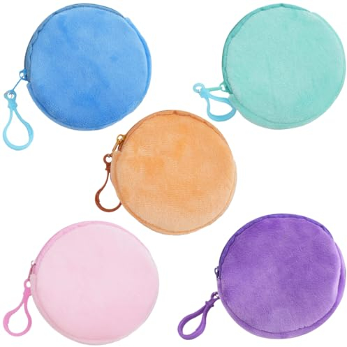 TEOZBLU 5 Pièces Enfants Mini Porte-Monnaie, Mignon Petit Pochette Portefeuille avec Fermeture Eclair pour Femmes et Filles, Porte-clés Rond en Peluche Couleur Bonbon