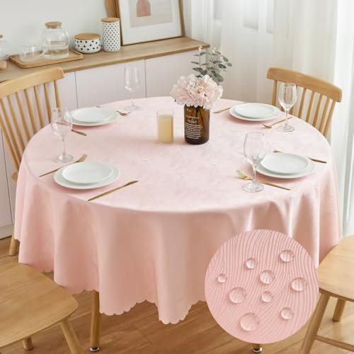 SPRICA Nappe Jacquard Ronde 160cm Résistante à l'eau, Couleur Unie, Tissu Lourd et Doux, Housse de Table avec Motif d'Écoulement d'eau, Lavable en Machine, Rose Poudré