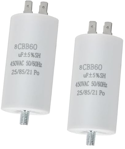 2 Stück CBB60 Motorkondensator 8µF 450V Anlaufkondensator mit M8 Stecker, 50/60Hz, Kondensator 8μF 450V CBB60 Ø34x65mm Kunststoffgehäuse, Geeignet für Motoren Pumpen Waschmaschinen Kompressoren