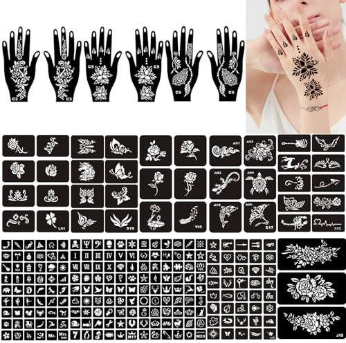 SSKHE Henna Schablonen Set, 3 Hand-Schablonen + 12 Motivblätter, Tattoo Schablonen für Kinder und Erwachsene, Henna Tattoo Schwarz passend für Partys, Halloween & Karneval