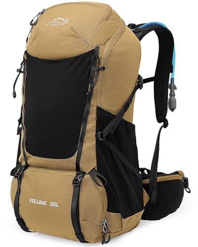 INOXTO Wanderrucksack Herren Damen,35L wasserdichtes leichter Wanderrucksäcke mit 3L Wasserbeutel mit Regenschutz für Bergsteigen, Wandern, Camping, OutdoorSportarten (Khaki Schwarz)