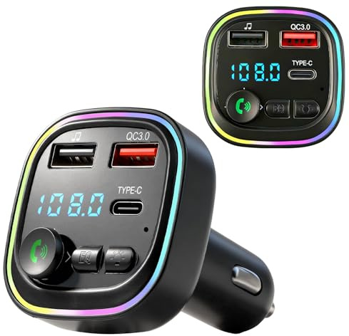 Bluetooth Car Adapter FM Transmitter PD 30W Fast Charging, QC3.0 USB C Cigarette Lighter Adapter with LED Display, Wireless Music and Hands Free Calling Use