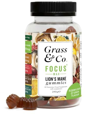 Grass & Co. Focus Max Mushroom Gummies, Elderflower & Lemon, 60 Count | Vegan Lions Mane 5000mg, Vegan Algae Omega 3, Korean Ginseng, Vitamin B & Vitamin D, High Strength