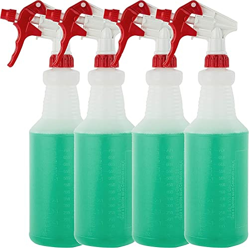 Kunststoff-Sprühflaschen, auslaufsicher, leer, 900 ml, HDPE, handelsübliche Qualität, HDPE, robuste Flaschen, für Reinigungslösungen, mit Messungen, für Industrie und Haushalt, 4 Sets