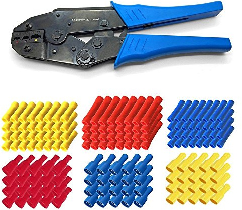 ARLI Crimpzange Set 300x Stossverbinder 100x rot + 100x blau + 100x gelb + 300x Flachsteckhülsen 100 rot 100 blau 100 gelb Steckverbinder Flachstecker Kabelschuhe Quetschverbinder Set kfz Stoß