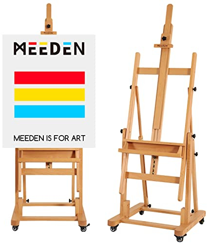 MEEDEN Extra Large Heavy-Duty H-Frame Studio Easel - Solid Beech Wooden Artist Professional Easel, Painting Art Easel Stand with 4 Premium Locking Silent Caster Wheels, Hold Max 82