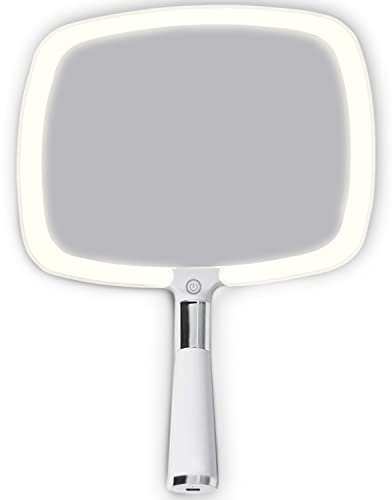 MIRRORVANA® Lighted Travel Hand Mirror with Comfy Handle and Detachable Stand - Portable, Thin and Lightweight Design - Rechargeable with 3 LED Light Settings - 9 x 13 (White)