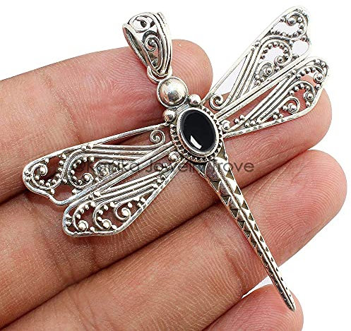 925 Sterling Silber Libelle Anhänger für Frauen & Mädchen Geschenk, 7x5MM Ovaler Cabochon Schwarzer Onyx Gedenkanhänger ohne goldene Kugel