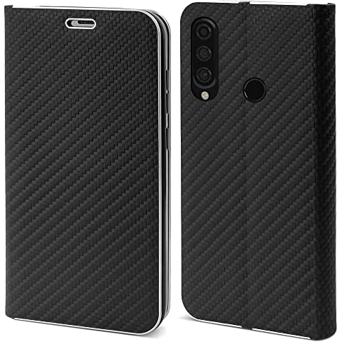 Moozy Custodia a Libro per Huawei P30 Lite, Carbonio Nera – Protezione dei Bordi Metallici Flip Cover Portafoglio con Appoggio e Porta Carte