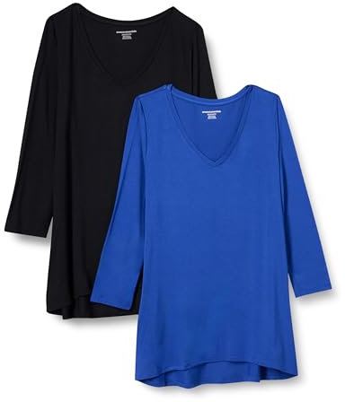 Amazon Essentials Camiseta de Manga 3/4 con Cuello en Pico (Disponible en Tallas Grandes) Mujer, Pack de 2, Negro/Azul Real, XL