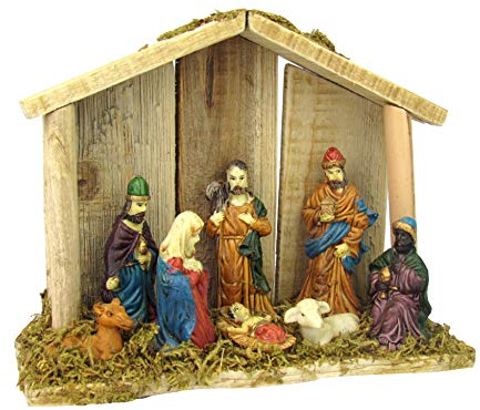 Krippe XXL aus Holz, incl. Figuren, mit Moos verziert, 20x16x6,5cm