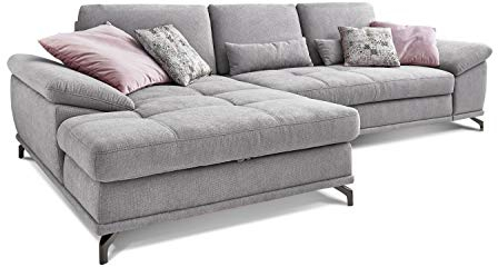 Cavadore L-Form-Sofa Castiel mit Federkern / Große Eckcouch mit Sitztiefenverstellung und XL-Longchair / 312 x 89 x 173 / Webstoff, Hellgrau