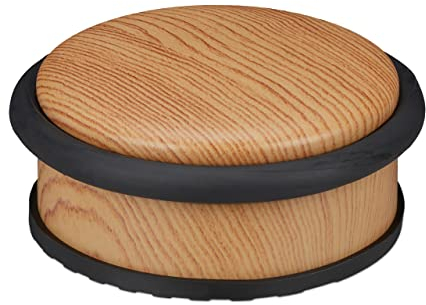Relaxdays 2 x Türstopper Boden, für schwere Türen, Edelstahl, Gummi, flach, Holzoptik Bodenpuffer HxD 5 x 10,5 cm, Hellbraun