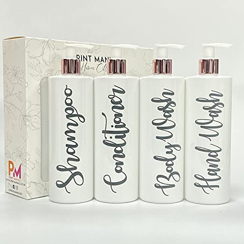 Print Maniacs White Mrs Hinch Inspired Personalised 500ml Bottles Bathroom Lotion Kitchen Shampoo Conditioner Rose Gold Pump (Hand Wash Set) (Grey)