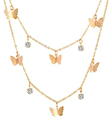 Vintage Zweireihig Halskette mit Schmetterling Anhänger Gold für Frau Frauen Mädchen Damen,Boho Mehrreihige 2 Reihig Retro Butterfly Necklace Choker Kette Mode Schmuck Geschenke für Freundin Mutter