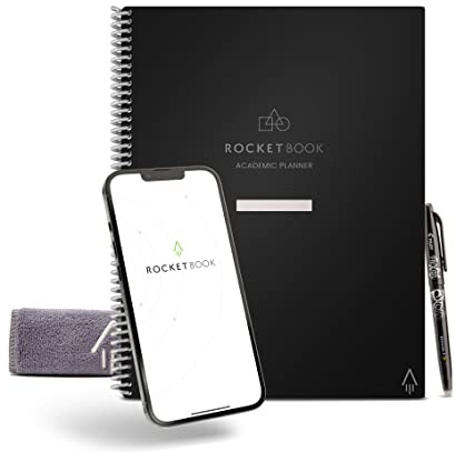 Rocketbook Wiederverwendbarer akademischer Planer für Schüler und Lehrer, inklusive 13 Seitentypen, schwarzer Einband, Briefgröße