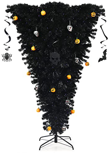 RELAX4LIFE 180cm Künstlicher Weihnachtsbaum mit Beleuchtung, Stehender Tannenbaum auf dem Kopf, Halloweenbaum mit lila Lichtern, Christbaum inkl. Metallständer, aus PVC, Schwarz