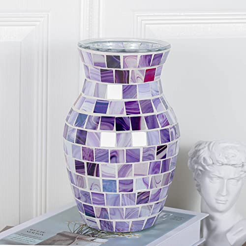 Lila Blumenvase für Dekor, Mosaikvase mit Marmorierung, Lavendel dekorative Vase für Wohnzimmer Schlafzimmer Bücherregale