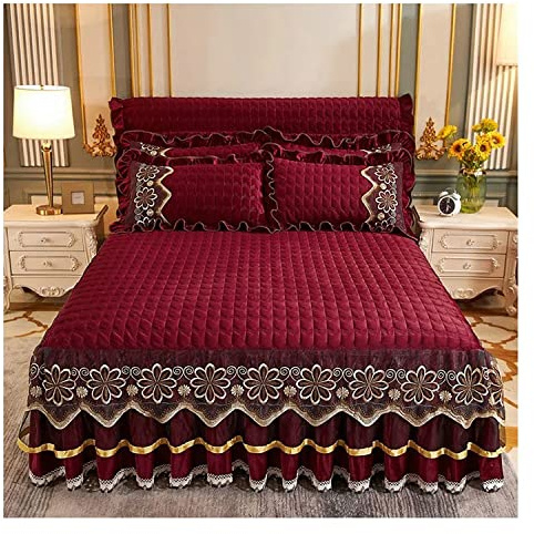 RTSFKFS 3- Teiliges Set Bettrock Tagesdecke Spitze Rüschen Bett Rock Bett Abdeckung Samt Gesteppt Bettrock mit Rüschen 200/220/ 180 Verdicken Warm Prinzessin Spitze Matratzenbezug