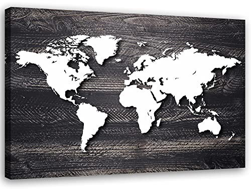 Feeby Vlies Leinwandbild Geographie Kontinente Weltkarte 30x20 cm Wand Bild Kunstdruck Deko Wohnzimmer Wohnungs Deko Erde Abstraktion Konturenkarte schwarz-weiß