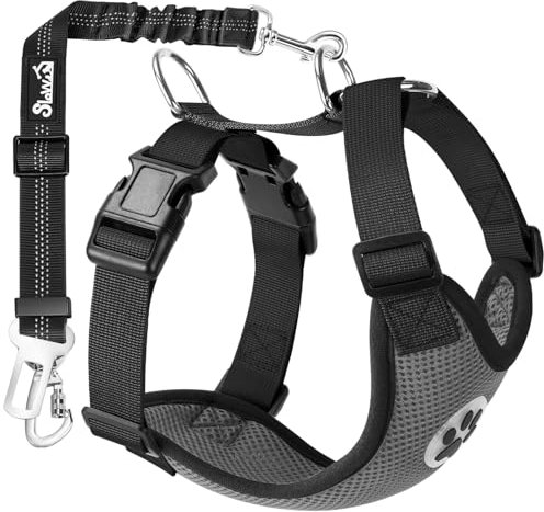 Eyein Hundegeschirr mit Sicherheitsgurt für Auto, 2 Karabinerhaken - verbunden mit Sicherheitsgurt-Schnalle, Kinder-Sicherheitssitz oder Trunk, verstellbare atmungsaktiv Geschirr (Grau, L)