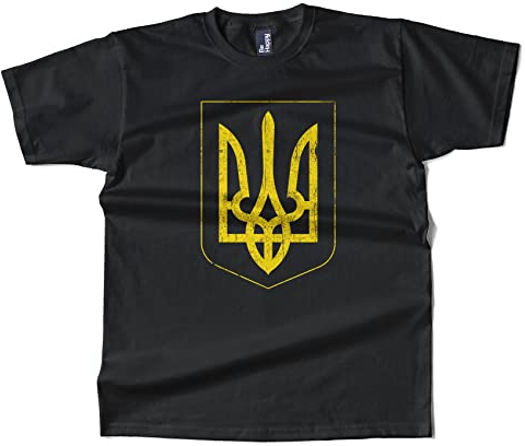 BLAK TEE Herren Gelber ukrainischer Wappen-Dreizack T-Shirt Schwarz XL