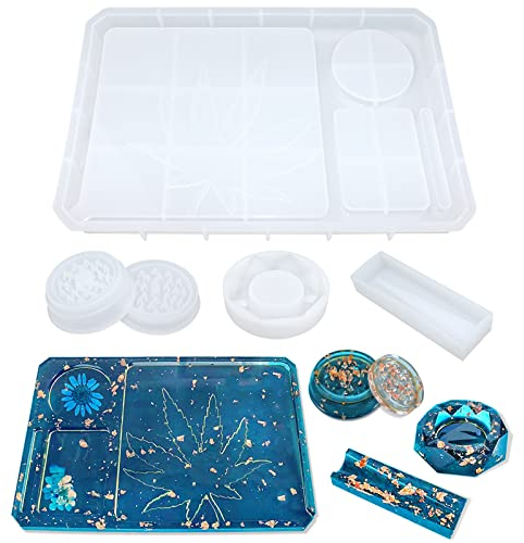 5 moldes de resina de silicona para resina epoxi con bandeja rodante grande y molde de amoladora para moler y almacenamiento, fundición de resina DIY