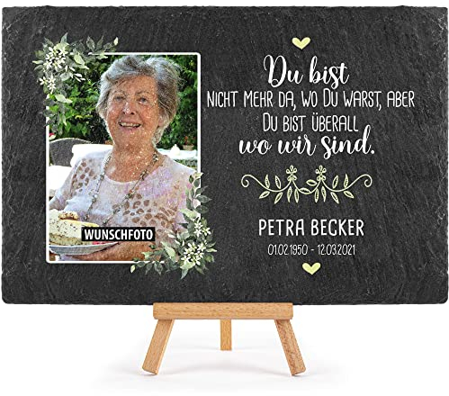 Schieferplatte selbst gestalten - Gedenktafel mit Foto, Name & Datum bedrucken - Du bist nicht mehr da - Grabtafel, Grabschmuck - Schiefertafel mit Staffelei, 20x30 cm I Personalisierte Erinnerung