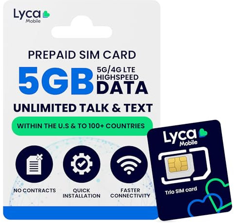 Lycamobile 60 Tage Prepaid-SIM-Karte für Mobiltelefone, 5 GB Highspeed-4G-LTE/5G-Daten, Internationale Gespräche und SMS in über 100 Länder, schnelle Aktivierung, 3-in-1-Dreifachschnitt