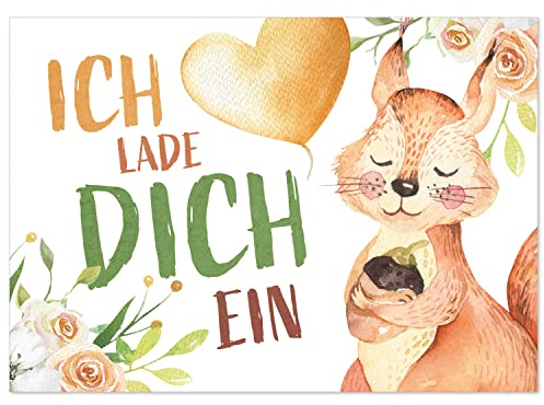 8 Einladungskarten Kindergeburtstag mit Umschlägen, Aquarell Eichhörnchen niedlich, Karte Geburtstag Einladung zum Ausfüllen