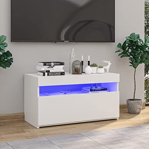 homiuse Meuble TV avec Lumières LED Blanc Brillant 75x35x40 cm Meuble HiFi Aspect Moderne Support de TV Table Télévision Meuble Salon Rangement DVD Console de Jeu Appareil de Streaming