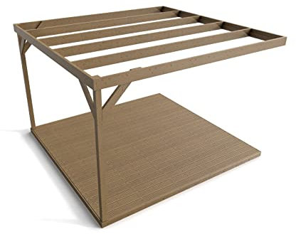 Wall mounted box pergola and decking, complete DIY kit (3.6m x 3.6m, Rustic brown finish)