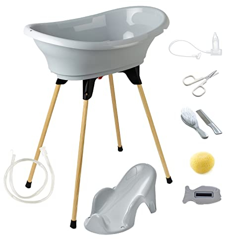 THERMOBABY - Pack de baño para bebé Vasco 9 en 1 gris - Bañera + pie plegable + manguera de drenaje + tumbona de baño + termómetro + esponja + cepillo y peine + tijeras + mosca bebé - Fabricado en