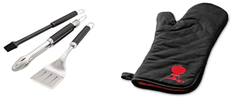 Weber Premium BBQ Tools Set - 3 Pcs | Stainless Steel Tongs, Spatula & Baster for Barbeque Cooking & Premium Grill Mitt - Cotton & Polyester Oven Mitt for Safely Barbecuing
