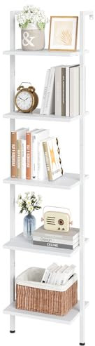 ELYKEN Scaffale a scala, bianco a 5 ripiani in legno da parete con struttura in metallo, moderno espositore aperto, ripiani portaoggetti per soggiorno, camera da letto, bagno, ufficio domestico